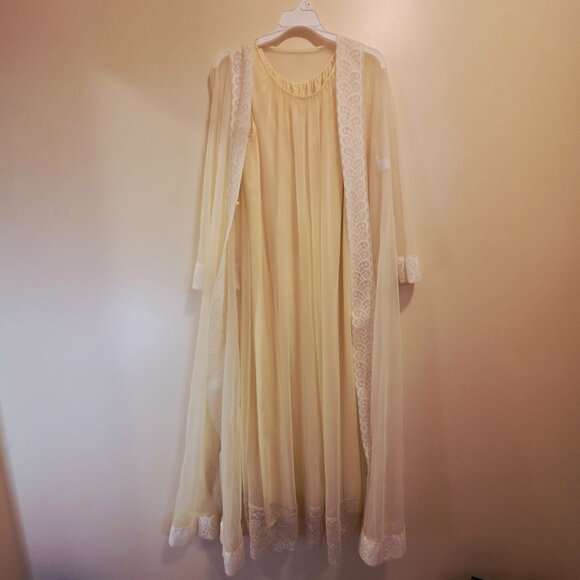 Miss Elaine 1960's 2 Pc Sheer Overlay Lace Robe Set Small - Picture 10 of 12